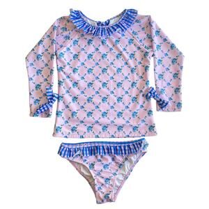 Dondolo Girls Swimsuit Rash Guard Set Pink Blue Floral Print Ruffle Bow 9/10y